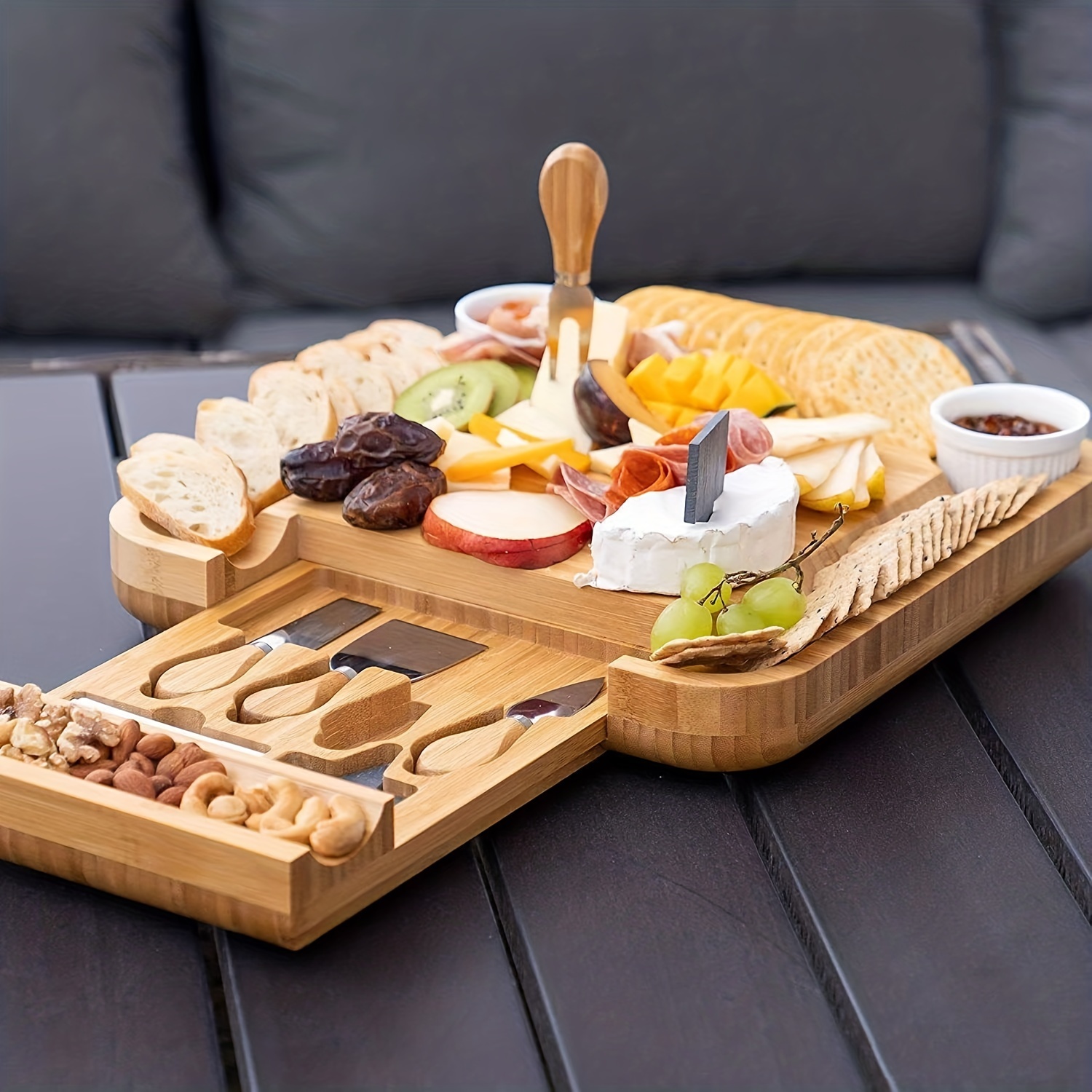Juego de tabla redonda para quesos y cuchillos, juego de tabla de embutidos  de acacia y plato para servir queso con cajón deslizante, tabla de cortar