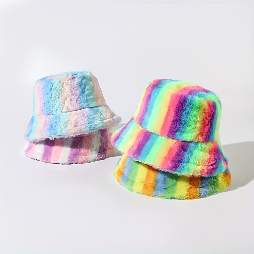 1pc womens plush faux rabbit fur rainbow striped bucket hat  display picture 1