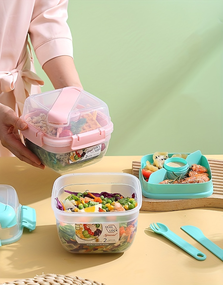 1pc Double Layer Plastic Lunch Box With Microwaveable Sealed Compartments,  Picnic Set