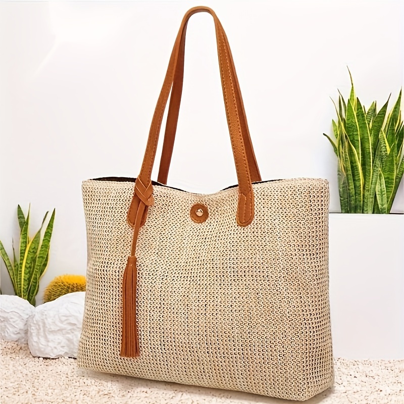 Multitrust Straw Woven Hand Bag for Women Summer, 11 Inch Casual Beige  Bohemia Beach Travel Tote Bag 