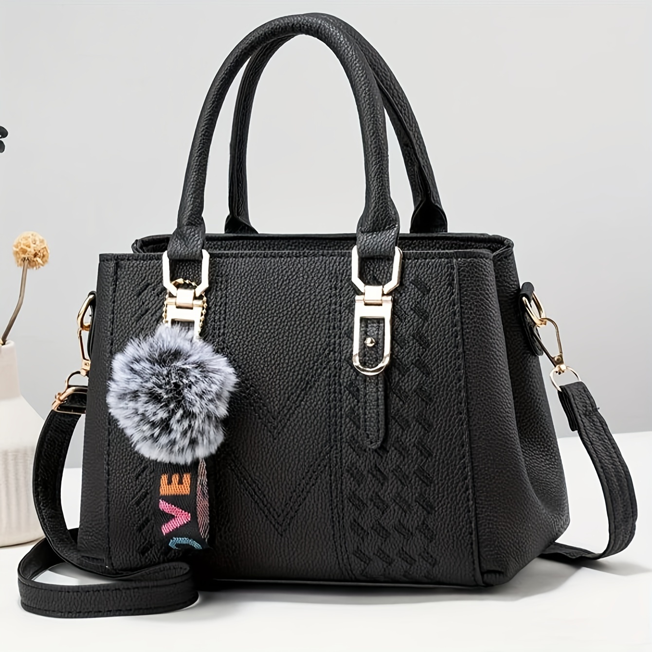 TEMU Elegant Women's Fashion Tote Bag With Pom-pom Charm, Embroidered Faux Leather Handbag, Multi-layer Design, Shoulder & Crossbody Purse For Date And Party