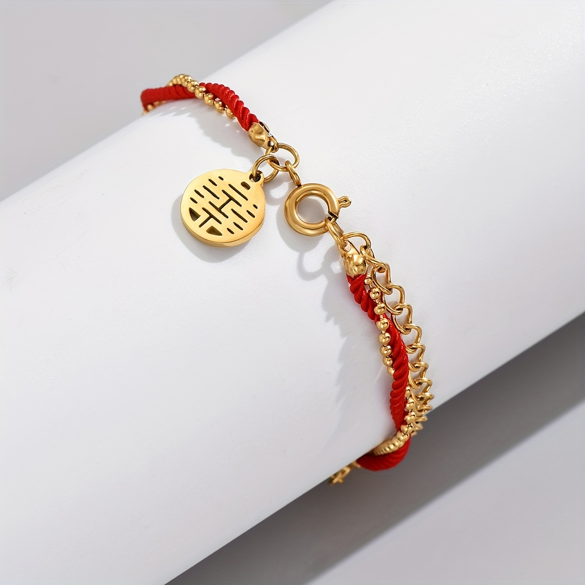 Stainless Steel 18K Gold Plated Luxury Red Rope Bead Chain Happy Character  Bracelet, Chinese Style Hand Jewelry