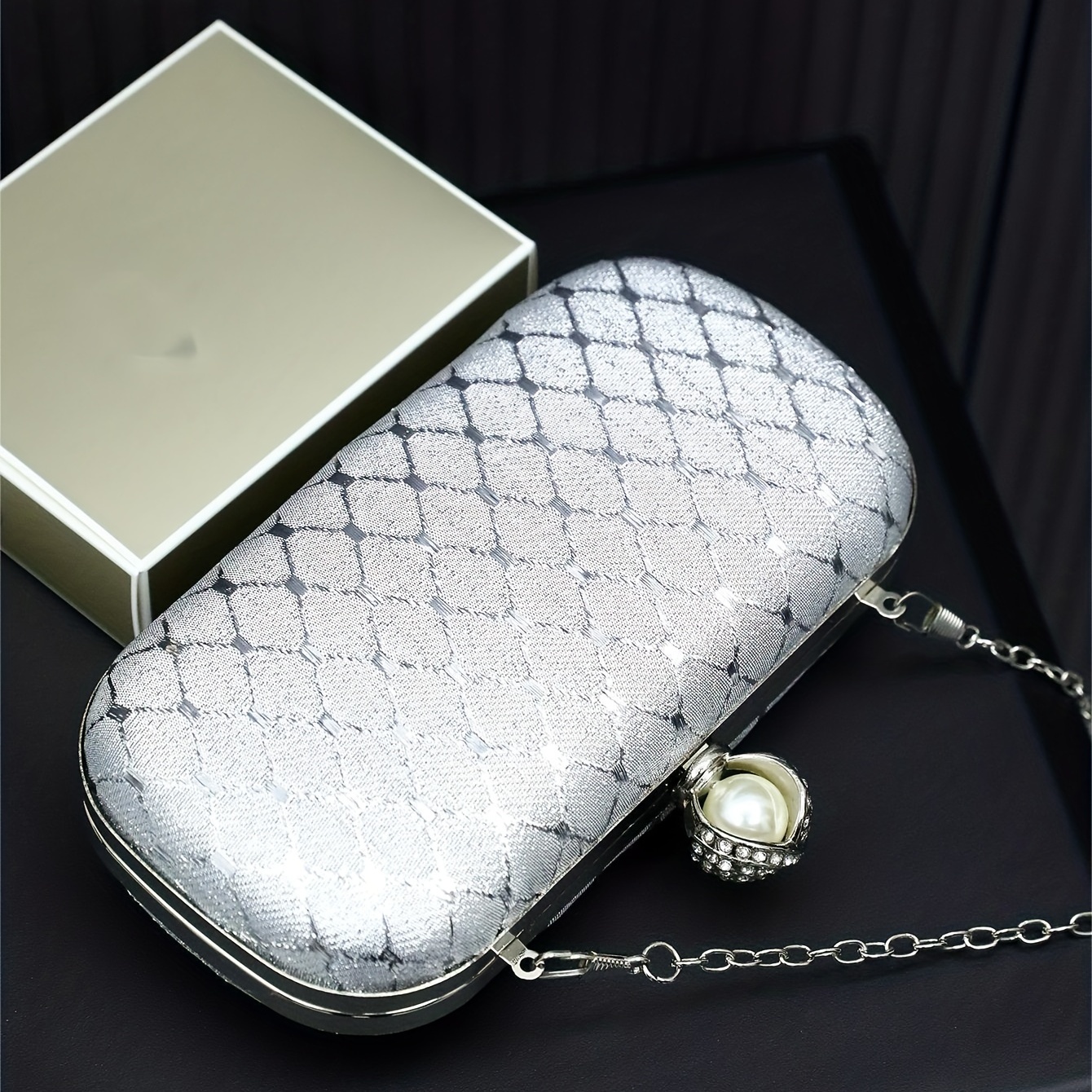 Metal Handle Chain Pleated Clutch Bag, Elegent Textured Cloth Frame Bag,  Classic Celebrity Dinner Evening Bag