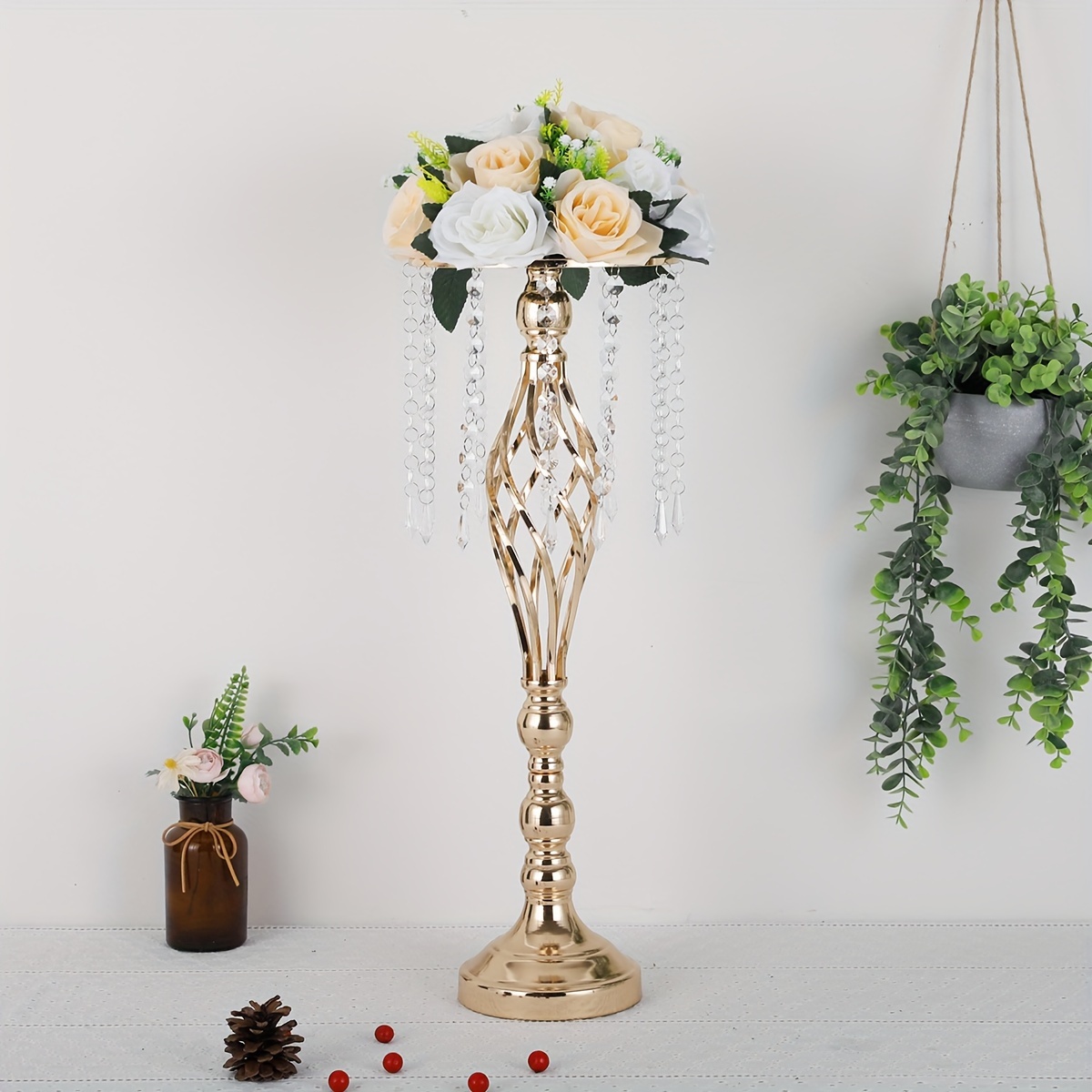 

1pc, Wedding Table Centerpiece - Centerpiece Gold Vase, 1 Piece Tall Metal Vase With 12 String Crystal Chandelier, Flower Stand For Wedding Reception Birthday Party Event Home Decor
