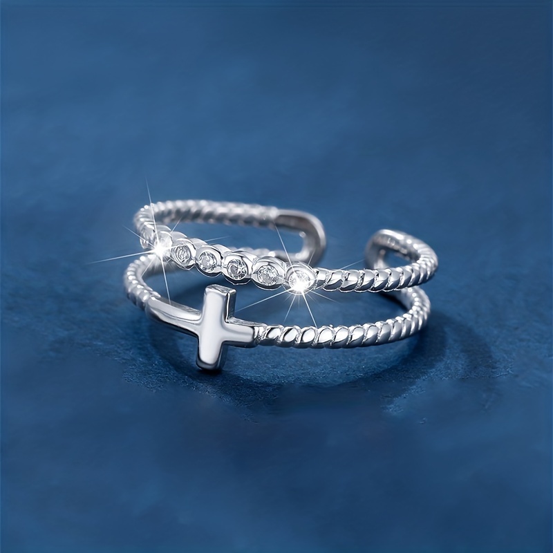 S925 Sterling Silver Cross Double Layered Open Ring