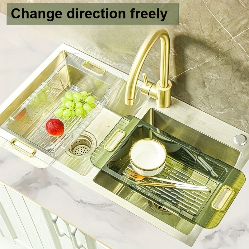 1pc Large Stainless Steel Sink Basket, Expandable Dish Rack For Kitchen,  Suitable For Rectangular Sink