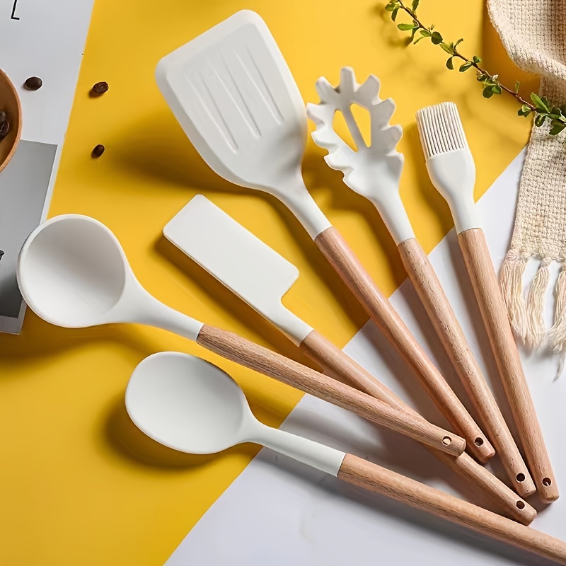 Large Silicone Cooking Utensil - Heat Resistant Kitchen Utensil Set With  Wooden Handle, Spatula, Slotted Spoon, Spaghetti Spatula, Kitchen Gadgets  Set For Nonstick Cookware - Temu