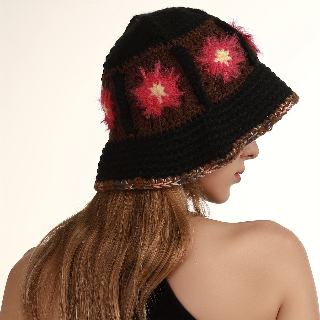 Black Ruffle Flower Bucket Hat Vintage Boho Crochet Color Block Cloche Hats  Windproof Fisherman Cap For Women Autumn & Winter