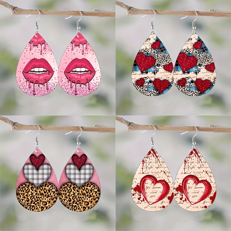 Valentines Day Earrings Heart Dangle Earrings Wood Dangling