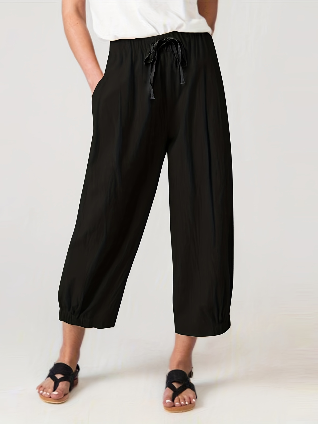 Plus Size Casual Pants Women's Plus Solid Drawstring Waist - Temu Canada