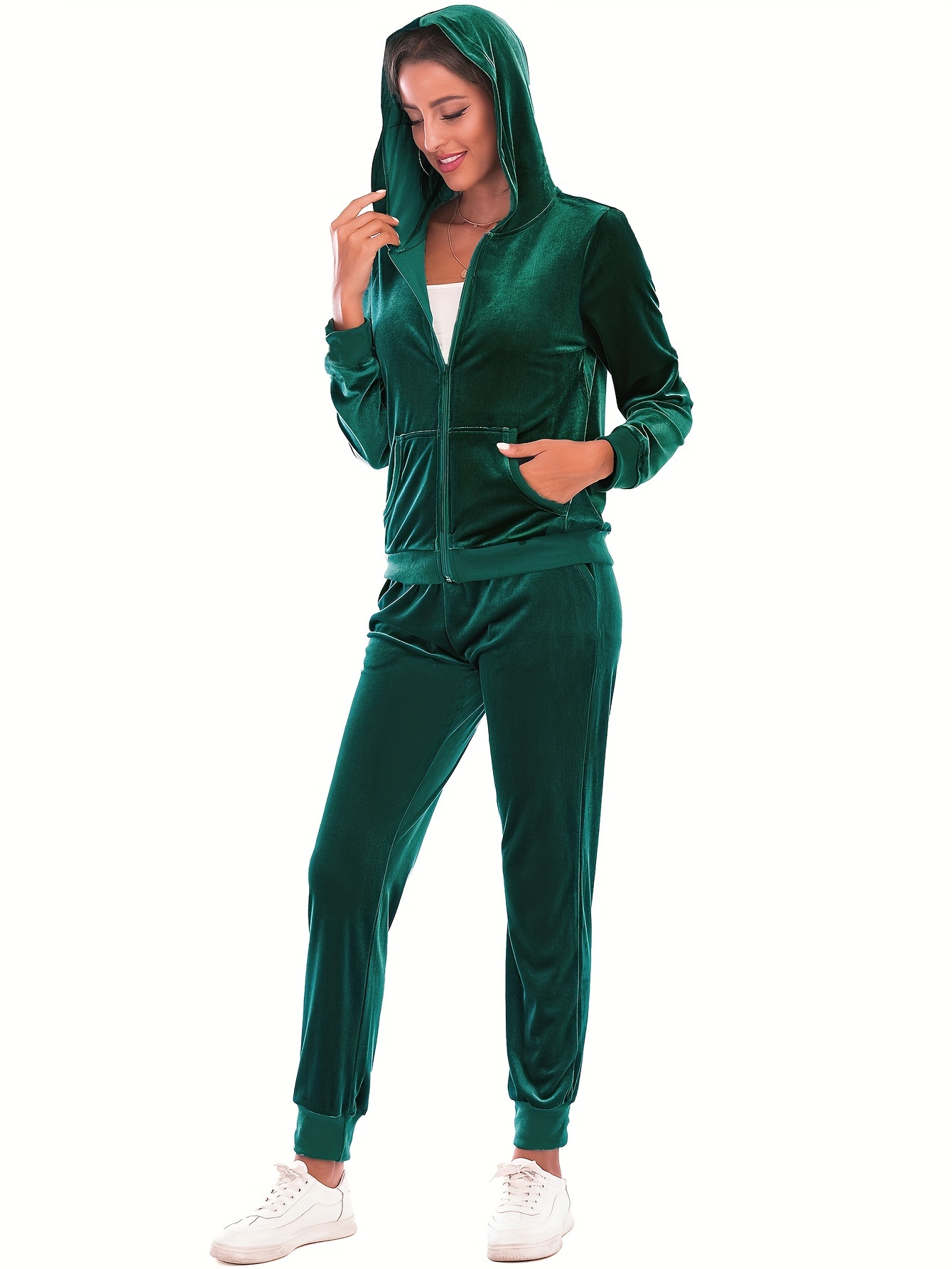 Women's Hooded Velour Lounge Set, Ladies Tracksuit Zipped Pyjama