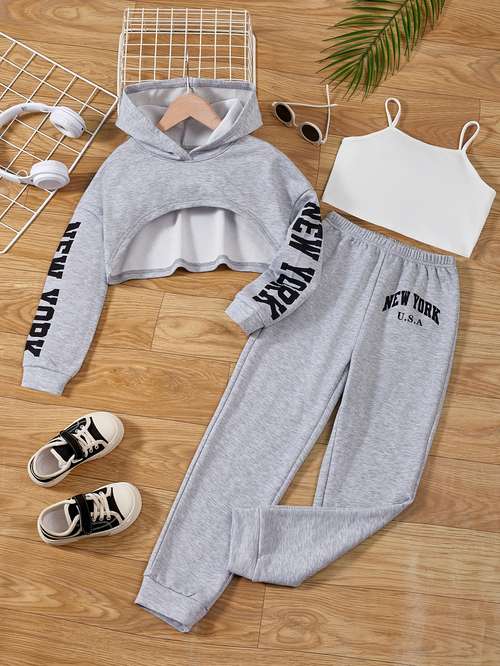 3pcs girls trendy outfit crop hoodie cami top sweatpants set new york print casual long sleeve top kids clothes for spring fall winter