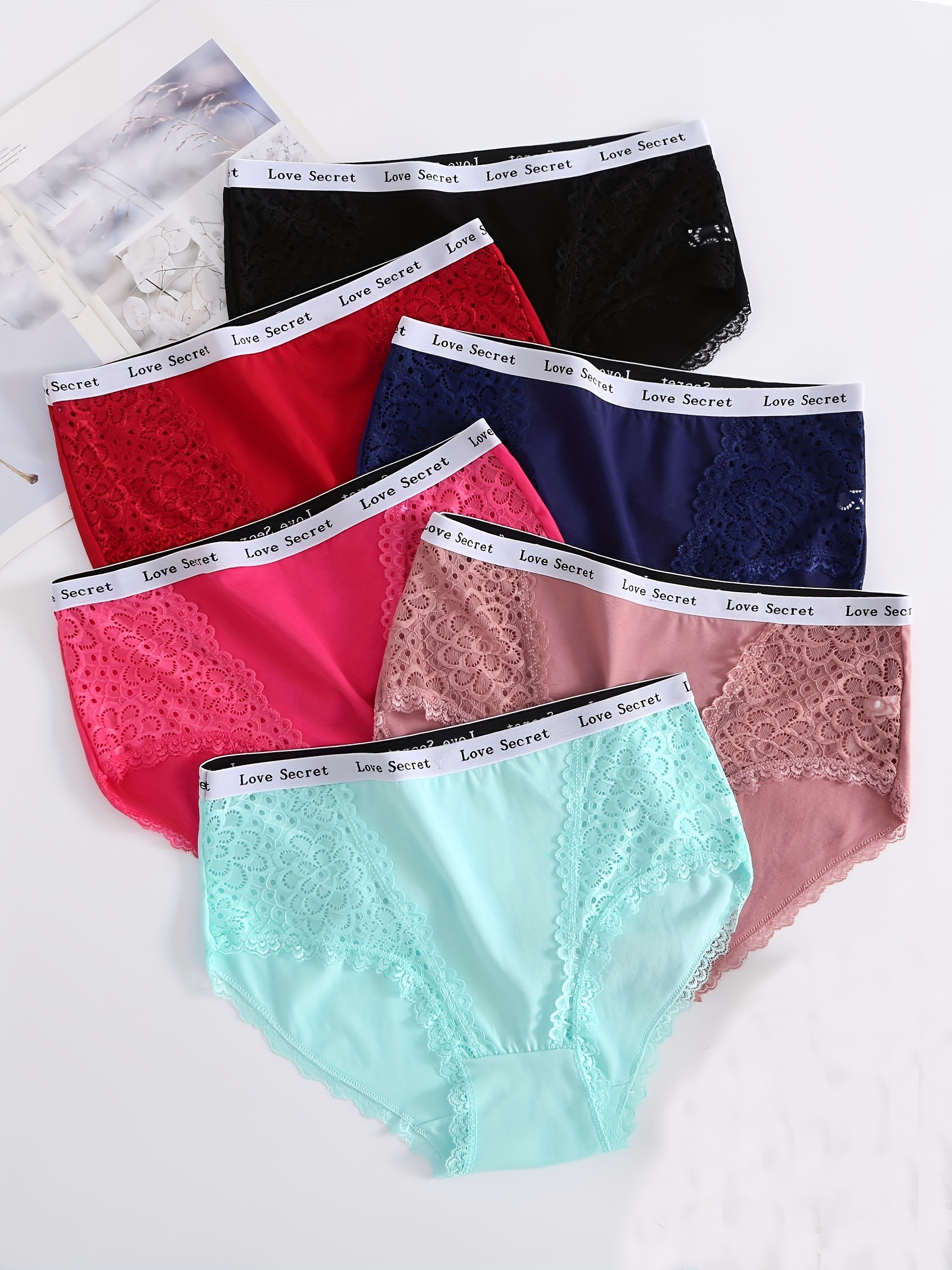 6 Pack Plus Size Casual Underwear Set, Women's Plus Letter Tape Contrast  Lace Medium Stretch Cool Comfort Full Briefs 6pcs Set