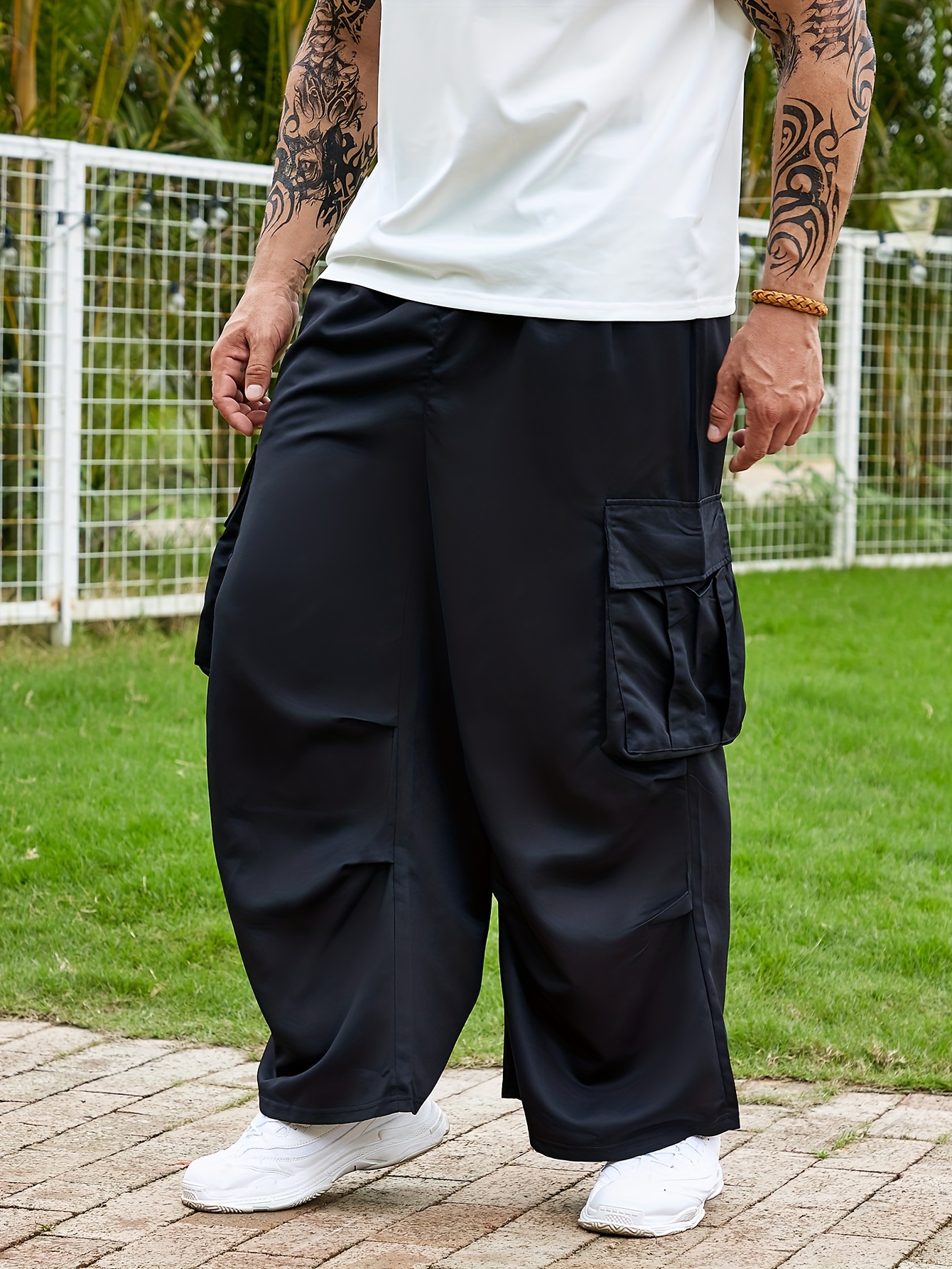 Plus Size Men's Flap Pocket Side Drawstring Waist Trousers - Temu