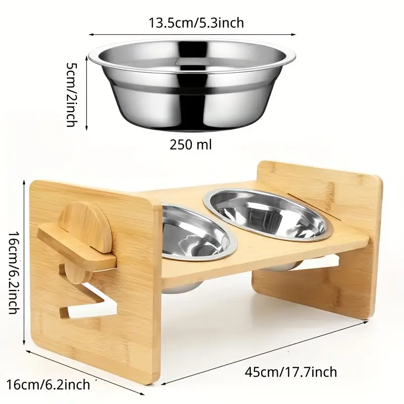 Elevated Wooden Dog Bowl Stand With 2 Stainless Steel Dog Bowls, 4