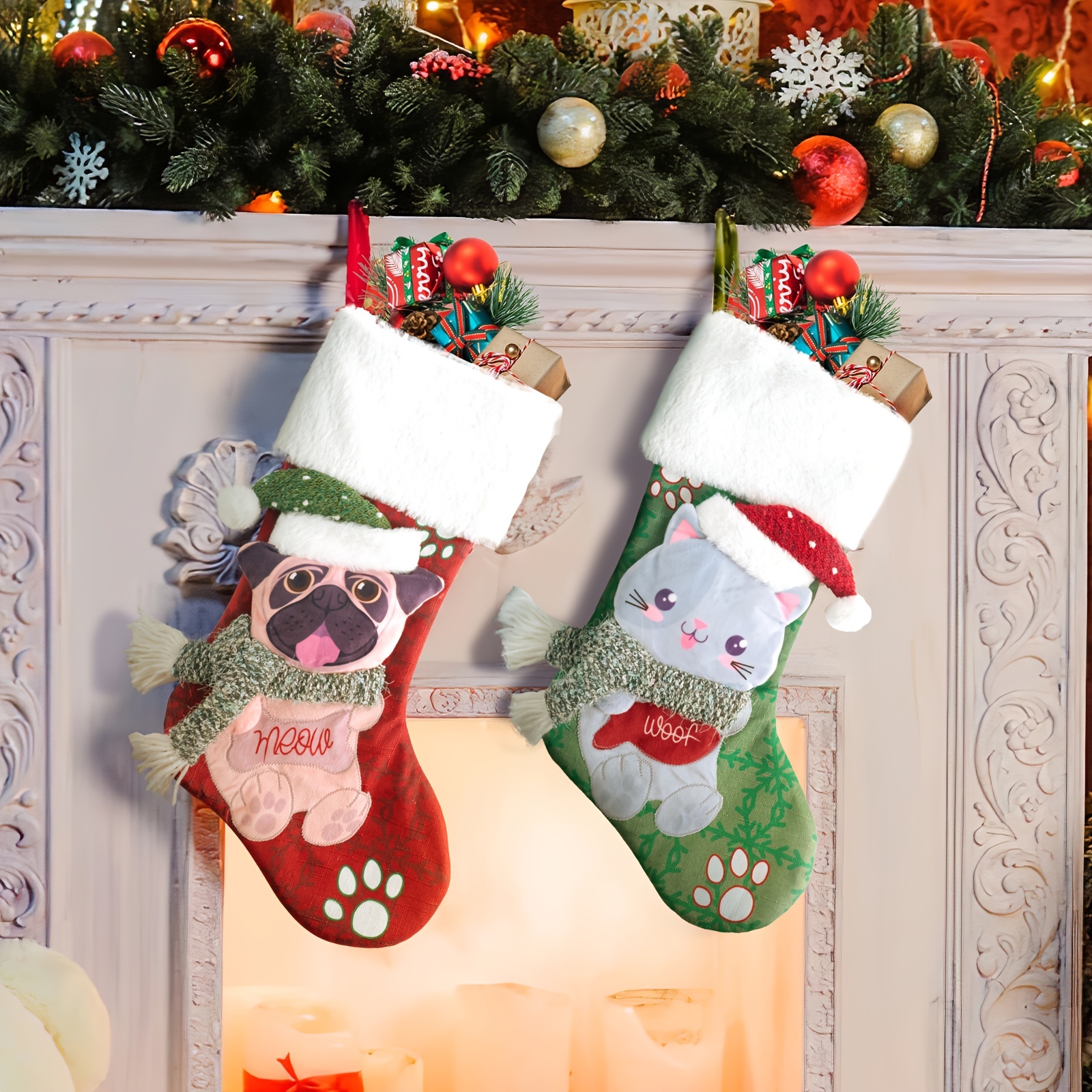 Cat And Dog Felt Christmas Stockings Paws Embroidered For - Temu