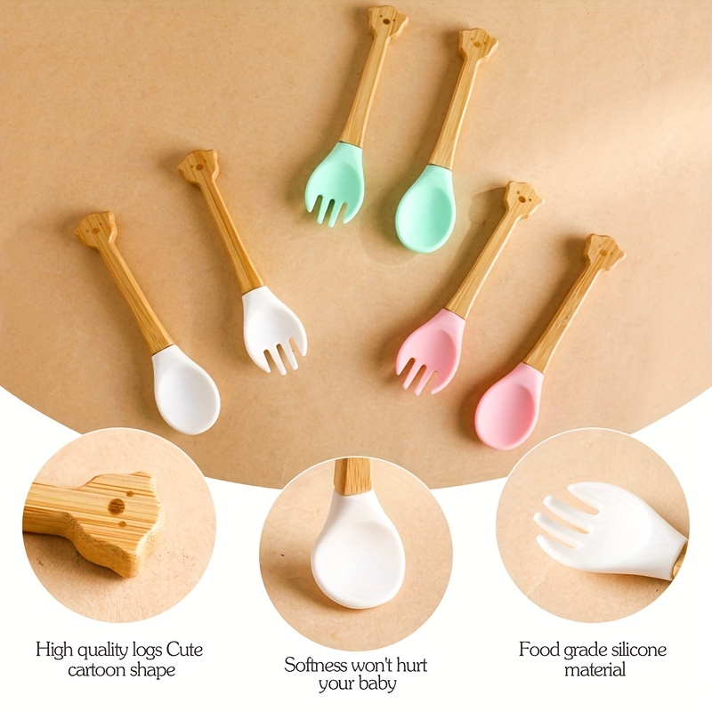 2pcs/set Food Grade Silicone Mini Fork Spoon For Baby Wooden Print Utensils  Set Feeding Spoon Learn To Eat Children's Tableware