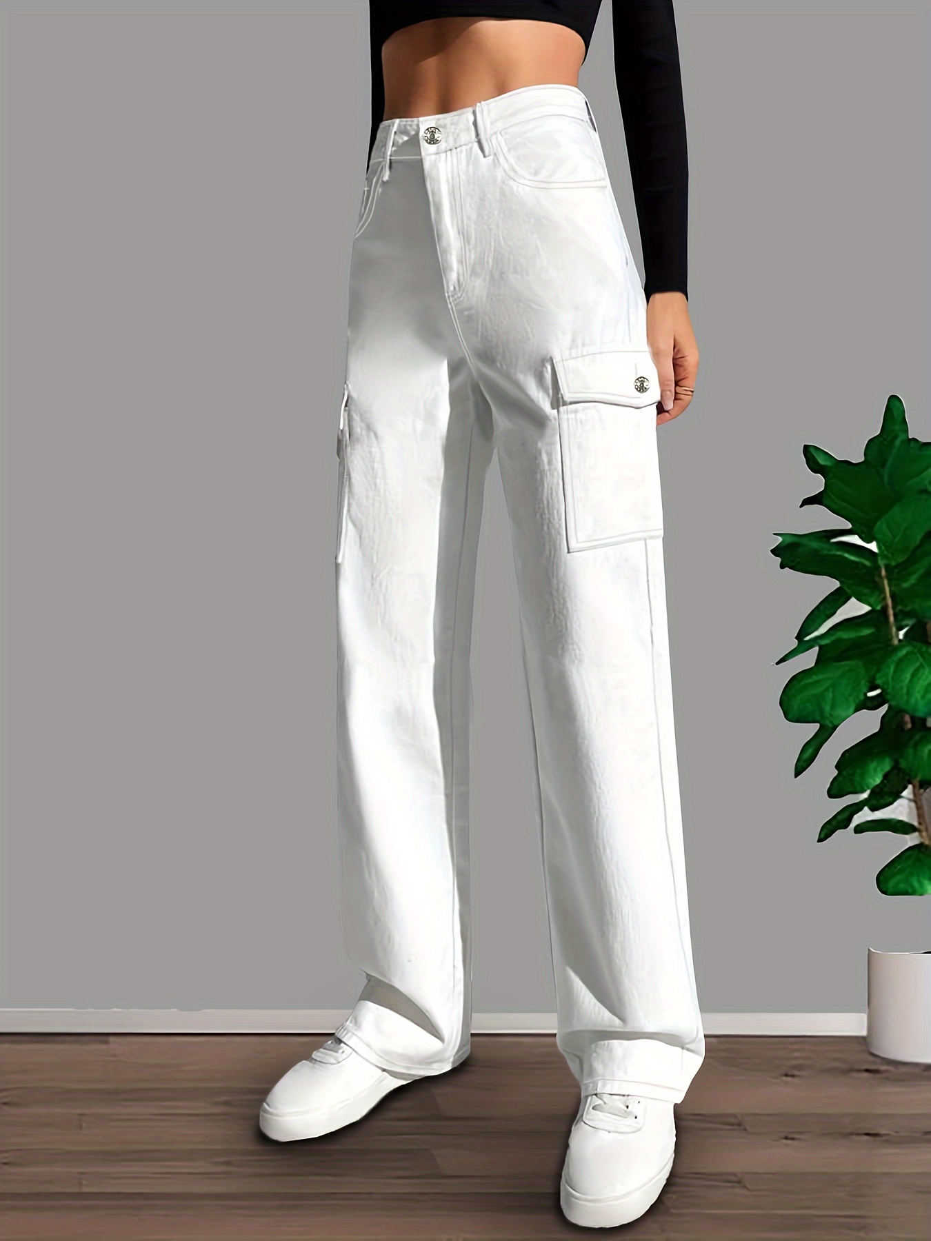 White Flap Pockets Straight Jeans Non stretch Loose Fit - Temu Canada