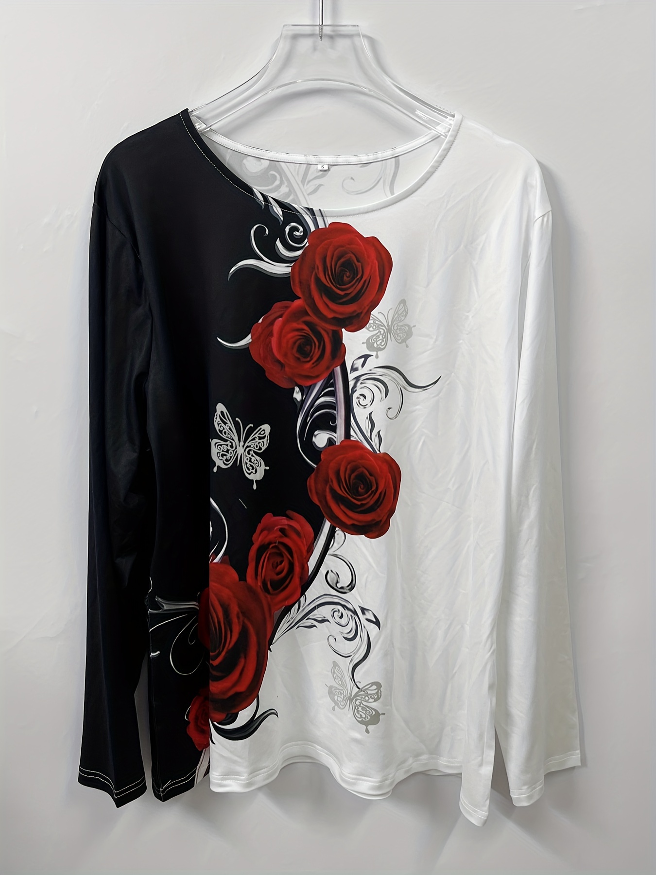 Black Long Sleeve T-Shirt with White and Red Print T-shirt Casual