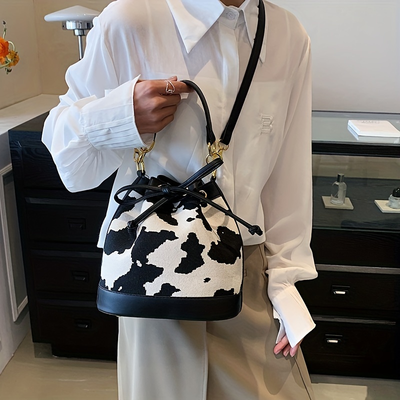 Cow Print Canvas Bucket Bag, Mini Chain Crossbody Bag, Fashion