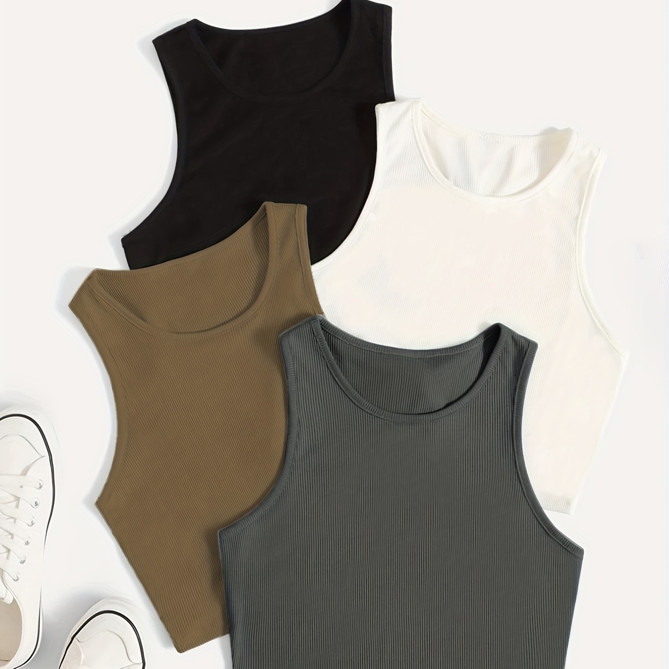 

Solid Simple Tank Top 4 Pack, Casual Crew Neck Versatile Workout Sleeveless Top, Women's Clothing