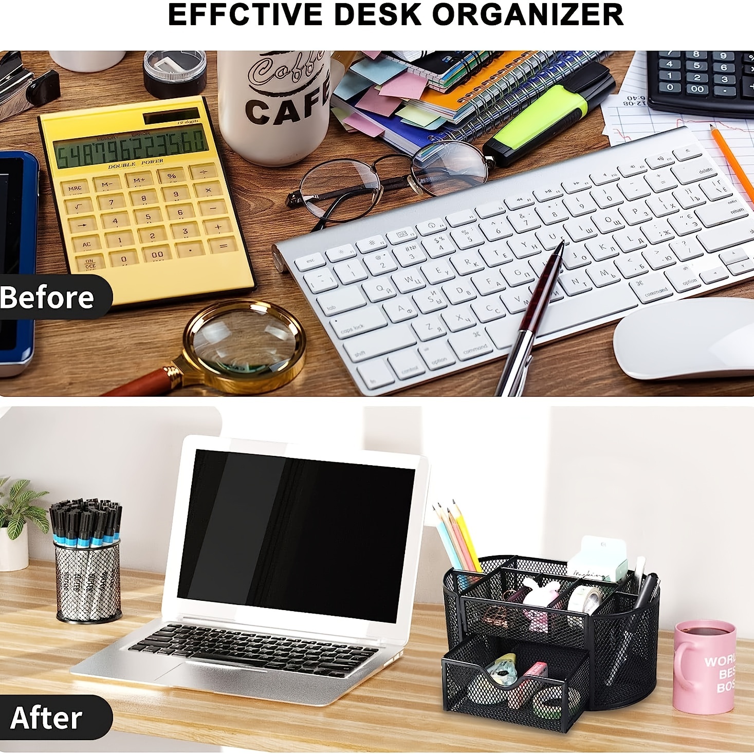 10 Compartments Mesh Desk Organizer with Drawers, Black