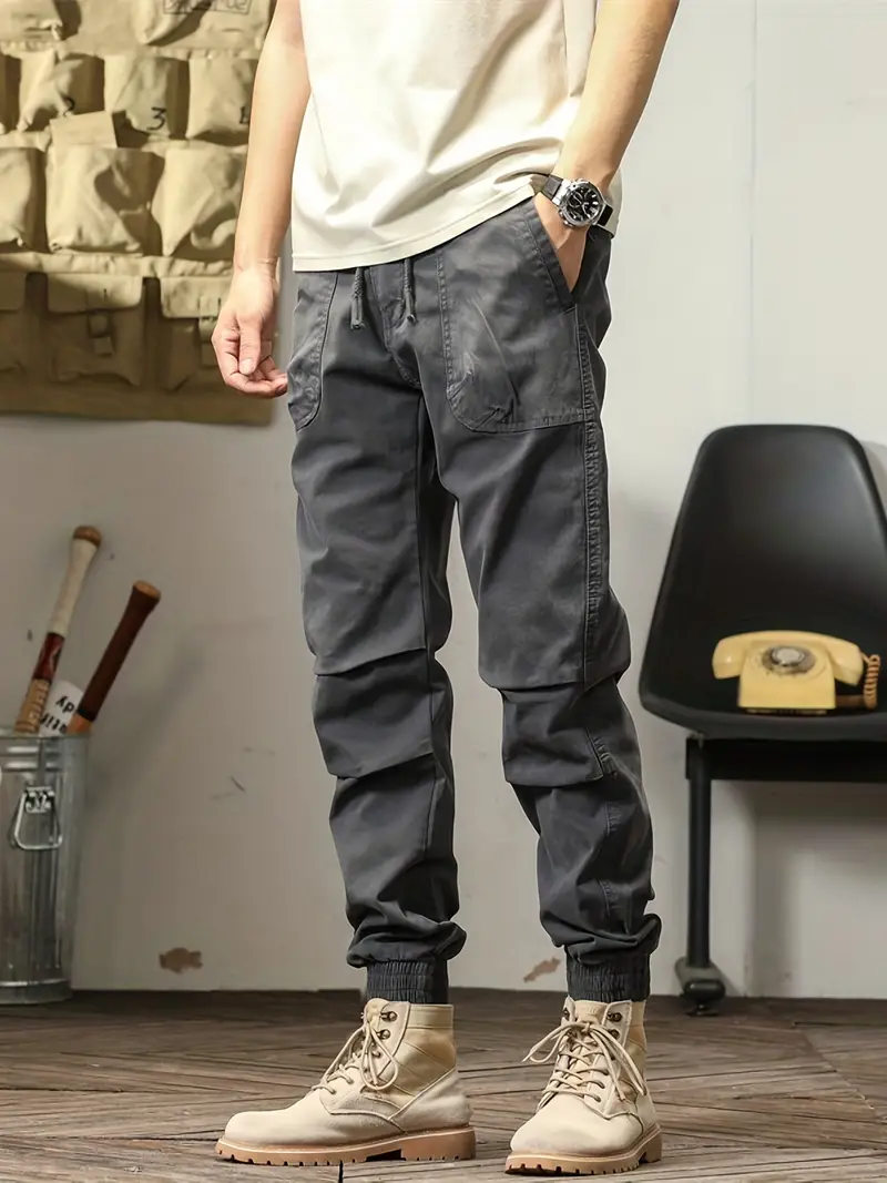 Trendy Solid Color Cargo Pants Men's Casual Joggers Cotton - Temu Kuwait