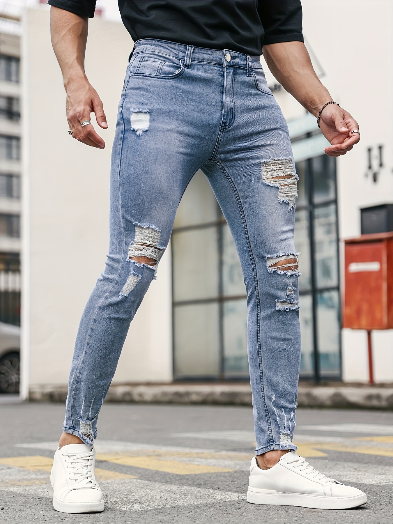 Men's Skinny Stretch Slim Ripped Jeans Temu