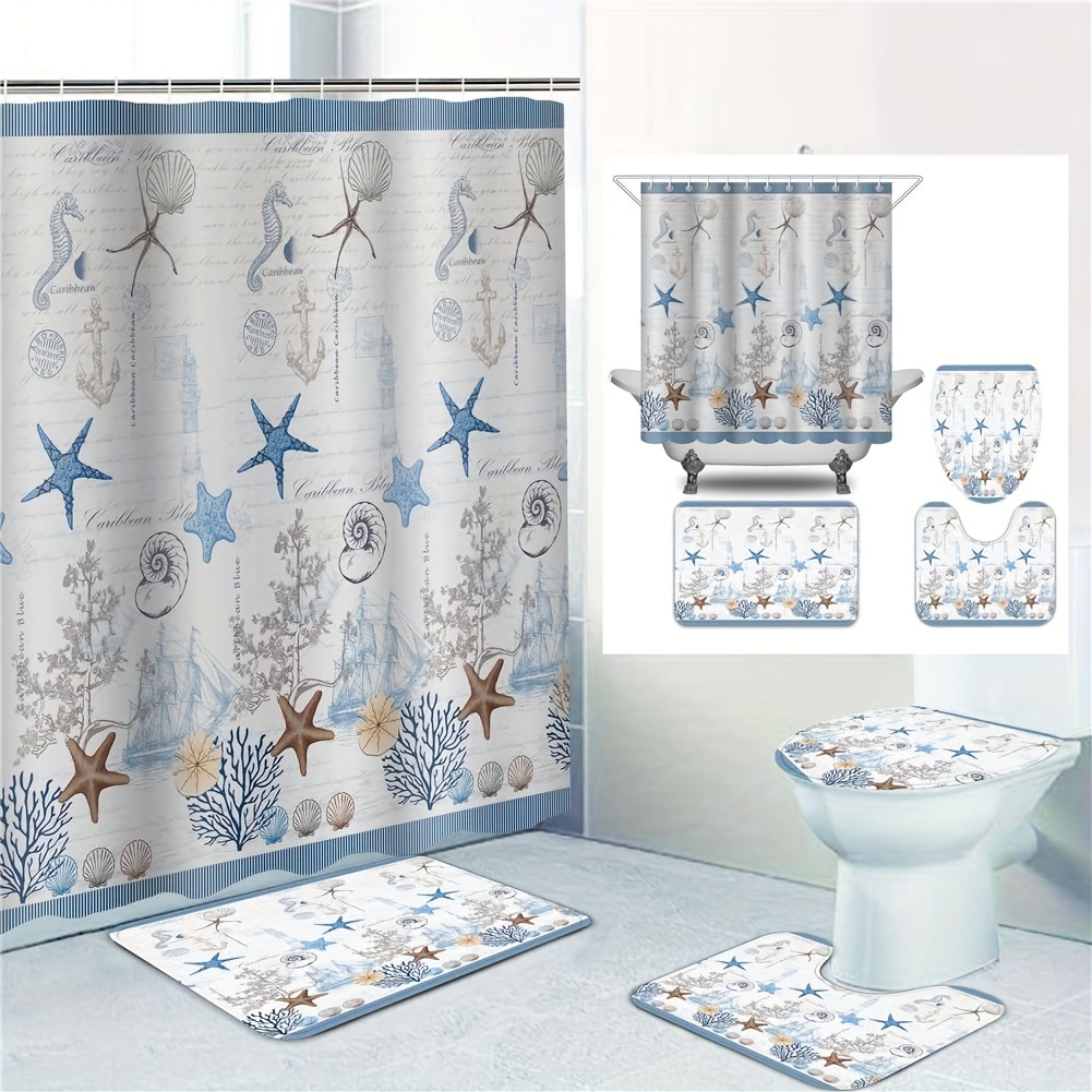 4pcs Starfish Shell Seahorse Printed Shower Curtain Set, Bathroom  Decorative Set Including Waterproof Shower Curtain, Anti-slip Mat, Toilet  Lid Mat, B