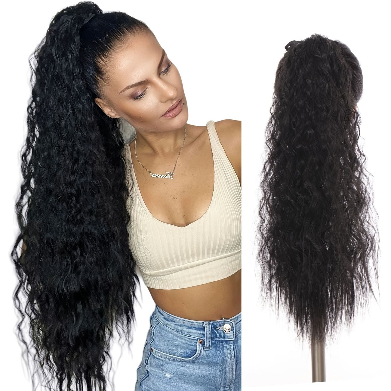 Ponytail Hair Extensions Natural Black Ponytail Extension For Women Curly  Long Wavy Synthetic Velcroed Clip On Heat Resistant Wrap Around Ponytail -  Beauty & Personal Care - Temu