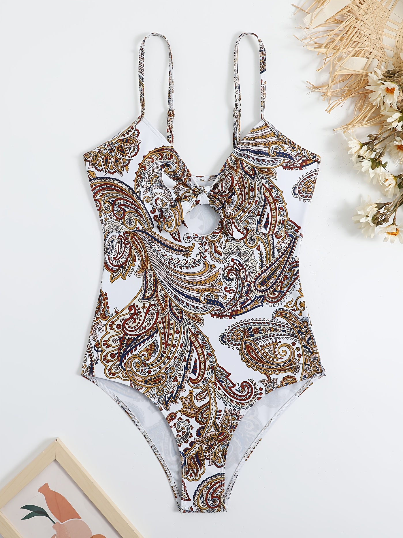 All Over Scrollwork Print * Swimsuit, Ruched Knot Front Hollow Out Tummy  Control High Cut Bathing Suit, Women's Swimwear & Clothing