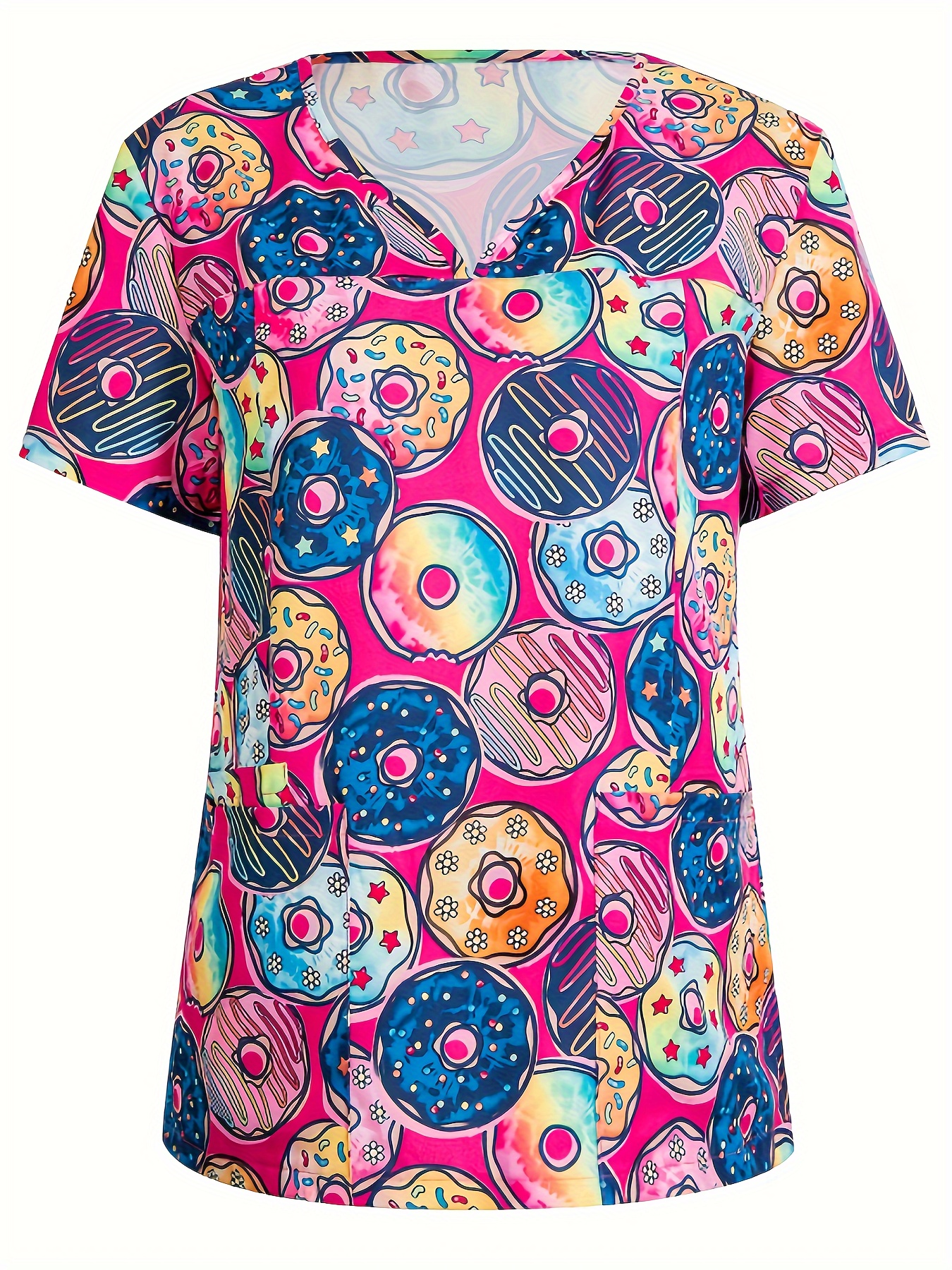 Cute Donut Print Stretchy Scrubs Top Functional Patched - Temu