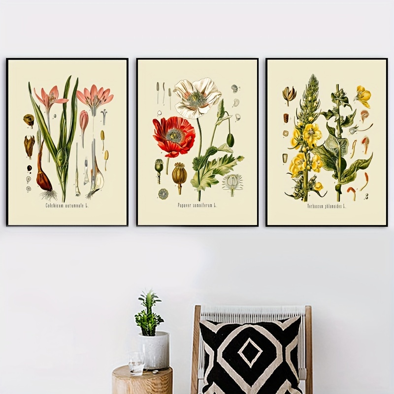 3/4個のアンティークフランスの植物イラストプリント、ビンテージ植物ポスター、森の野花キノコの壁アートキャンバスペインティング、ファームハウスウォールデコレーション、フレームなし