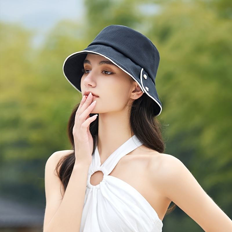 Black Breathable Bucket Hat, White Edge & Button Decor Trendy Sun Hat Women  Outdoor Travel Beach Fisherman Cap Valentines Gifts