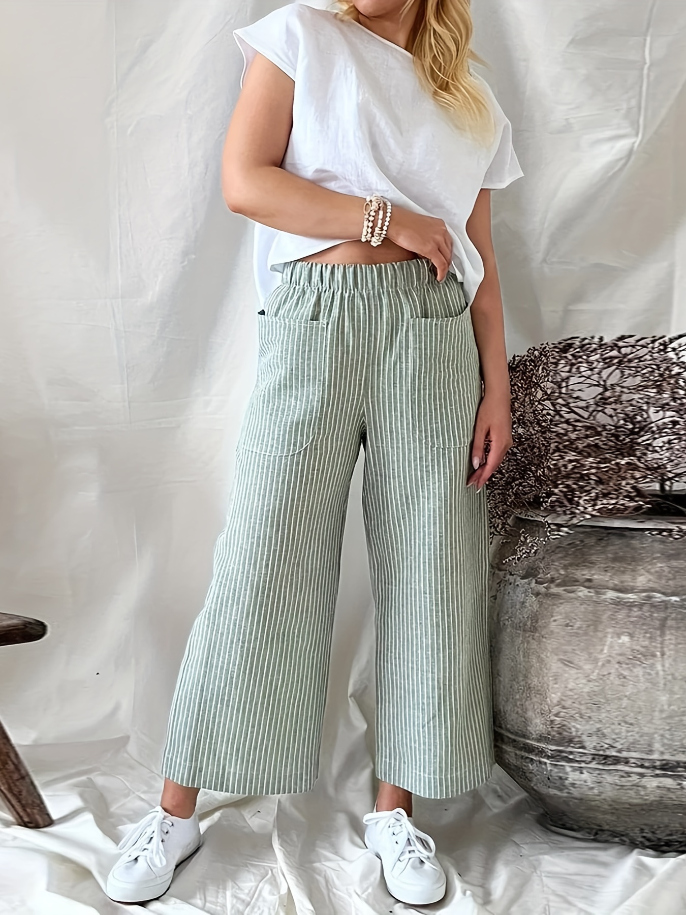 Womens Linen Wide Leg Pants Summer Plus Size Casual Loose Stripes