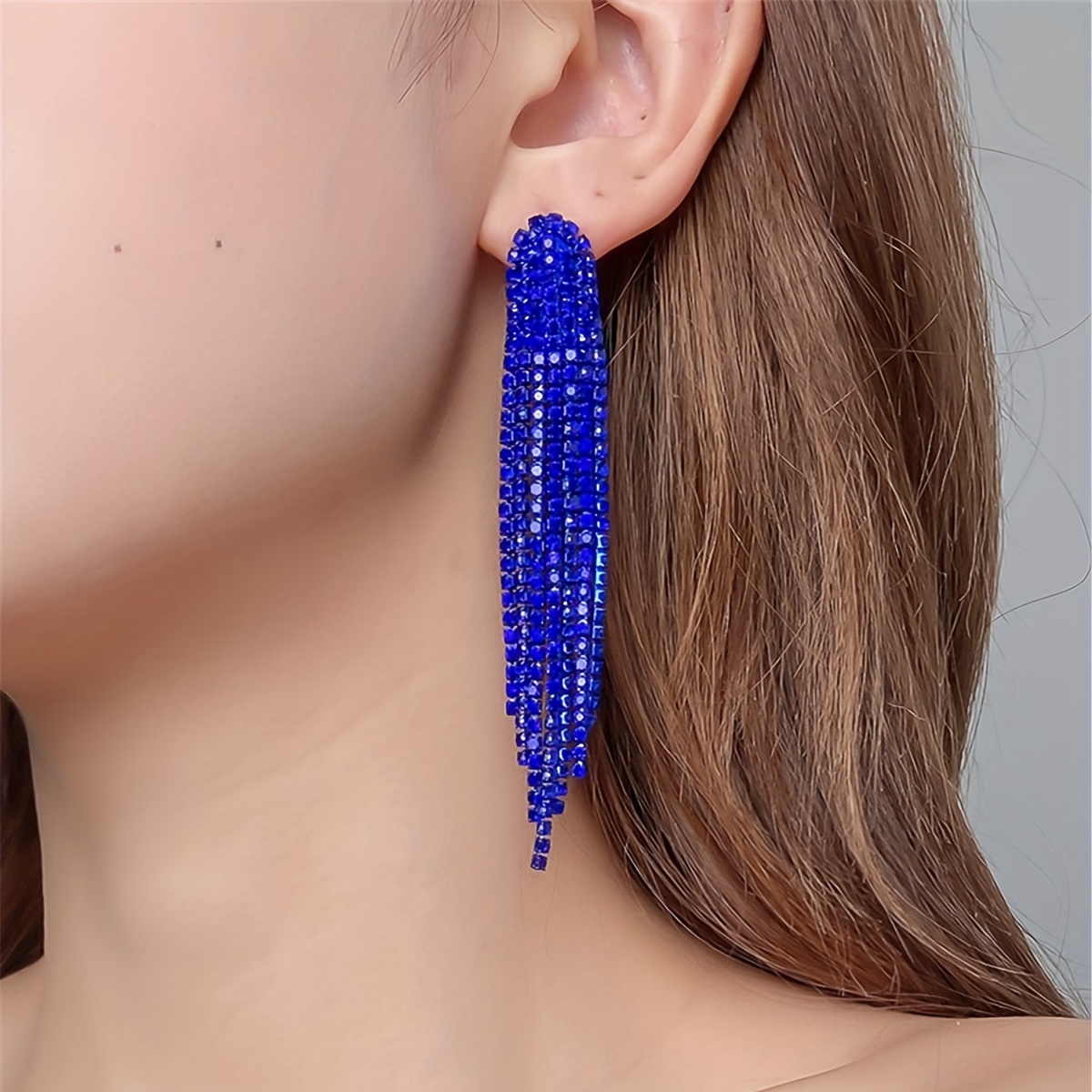 Vintage Deep BLUE RHINESTONE Drop Dangle Earrings Pierced 