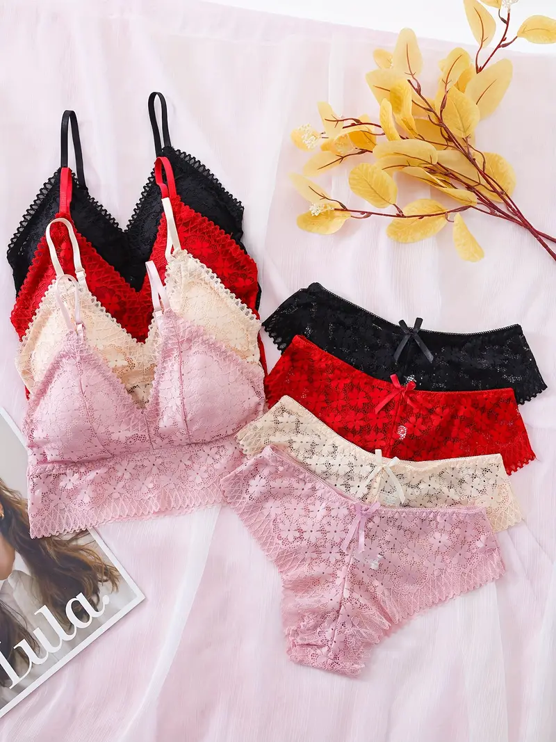 Contrast Lace Bra & Panties, Push Up Bra & Mesh Panties Lingerie Set,  Women's Lingerie & Underwear