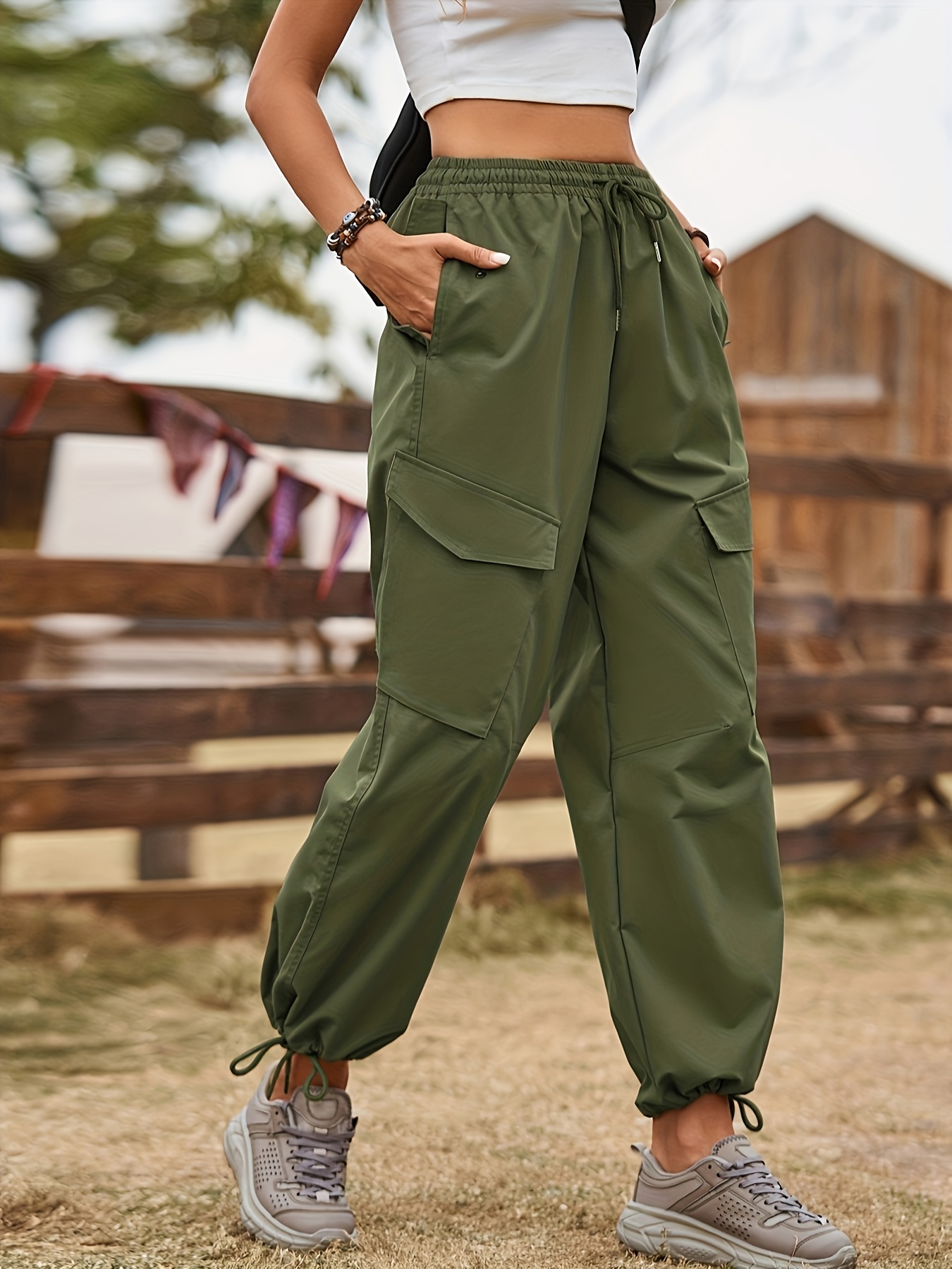 Solid Flap Pocket Drawstring Jogger Pants, Casual Baggy Cargo Pants,  Women's Clothing