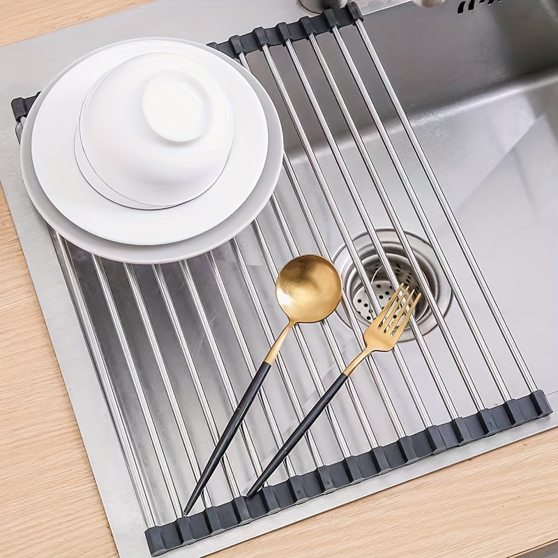 Large Stainless Steel Roll Up Dish Drying Rack with Utensil Holder