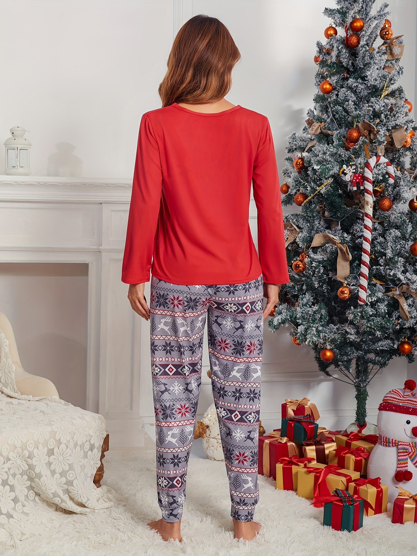 Christmas Snowflake Print Pajama Set, Long Sleeve Crew Neck Top & Plaid  Pants, Women's Sleepwear & Loungewear