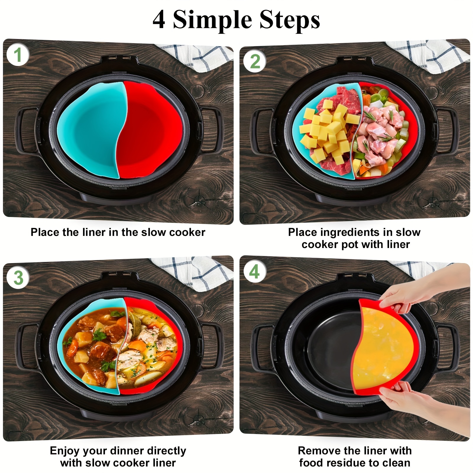 Silicone Slow Cooker Liner Fits Crock-pot 6 Quart Oval Slow Cooker,Reusable  BPA-free Leak-proof 2-in-1 Slow Cooker Accessories with Handle and