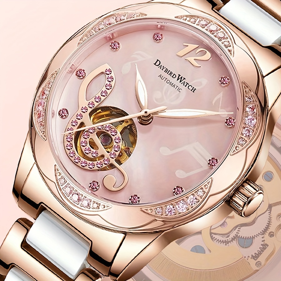 A rose gold white women's alloy elegant casual style hollowed out  mechanical watch