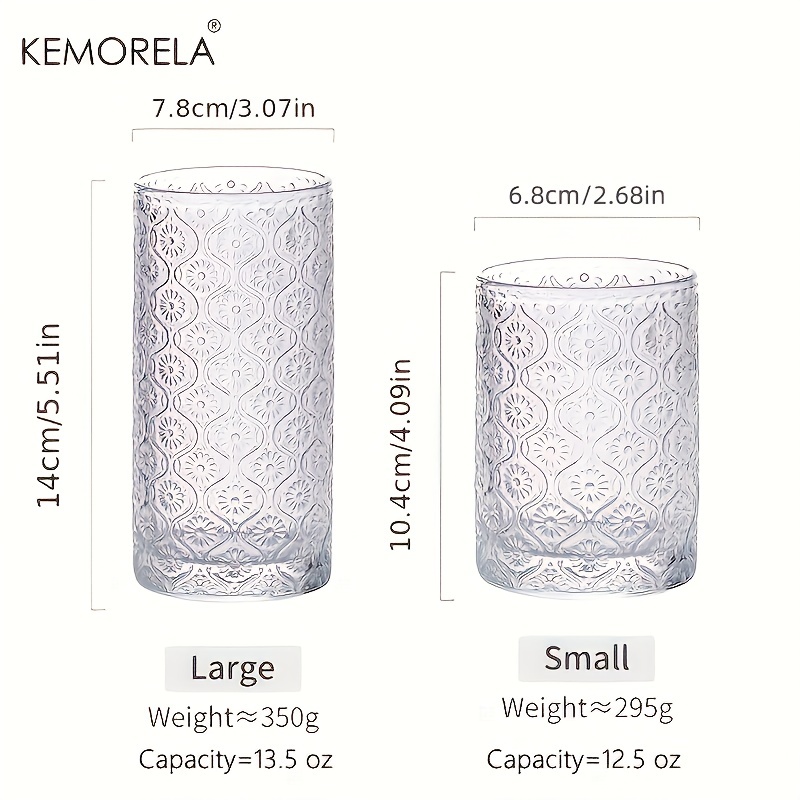 4pcs Embossed Pattern Vintage Glassware Set with Straw and Coaster 12.5 13.5 Oz Glass Cups for Romantic Water Glasses Bar Beverages Ice Coffee Ju