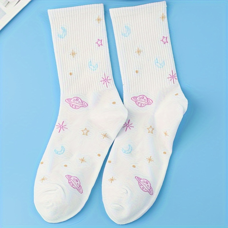 1 2 3 Pairs Planet Print Comfy & Mid Tube Socks