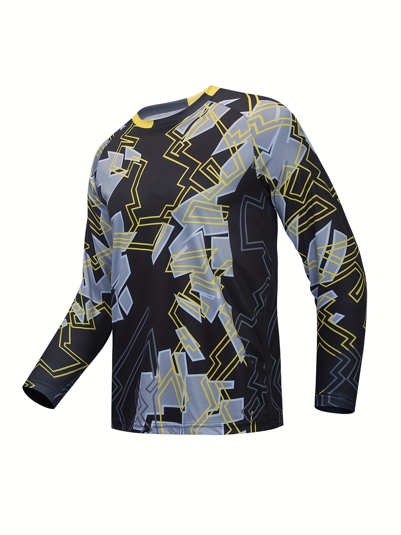 Men's UPF 50+ Sun Protection Rash Guard, Quick Dry Geometric Pattern Long Sleeve Top for Fishing Hiking, Comfortable V-Neck Casual Cycling Jersey