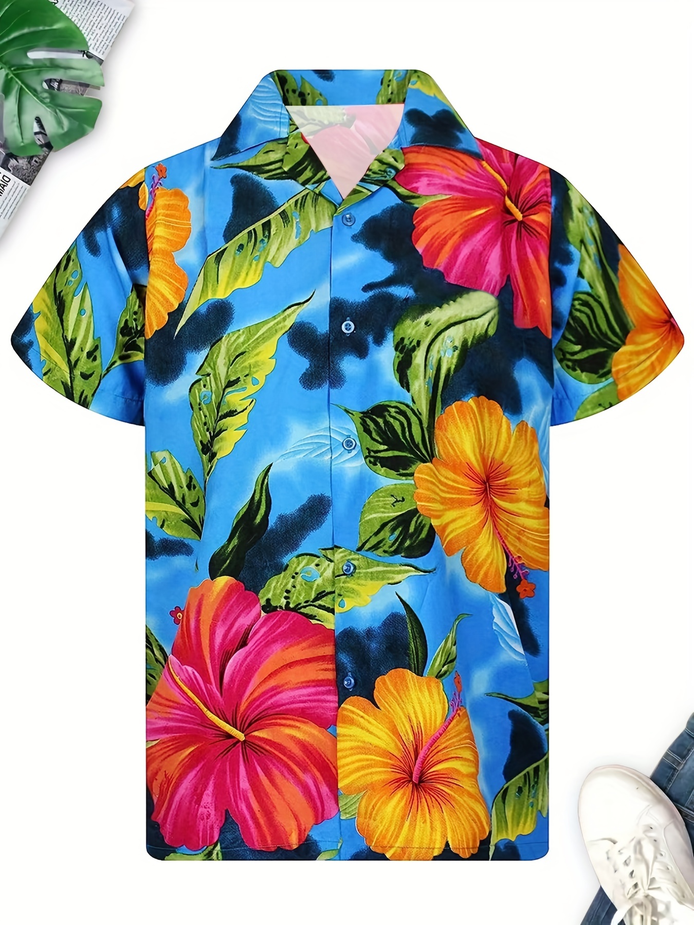 Plus Size Men's Vibrant Flowers Print Hawaiian Shirt For Casual Outfit,  Comfy Short Sleeve Button Collared T-shirt, Oversized Loose Tops For Beach  Summer - Temu