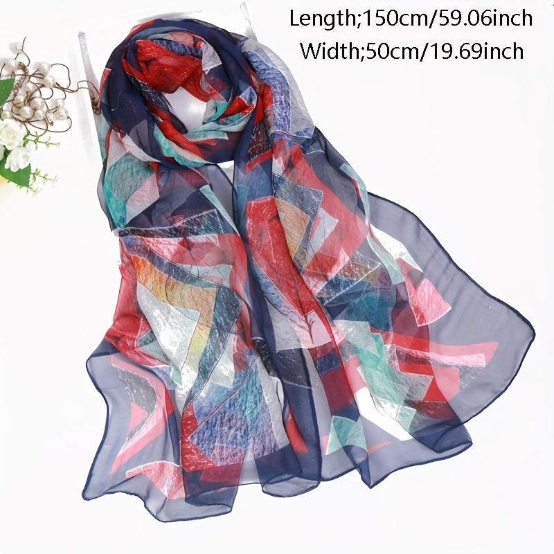 Chiffon Scarf Leaf Print Geometric Block Shawl Vintage Head Wrap