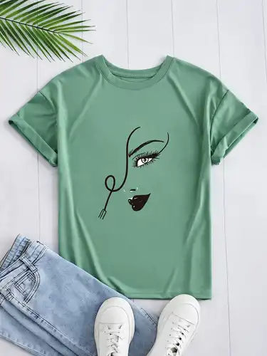 Camiseta con estampado de cara de dama, camiseta informal de verano de  manga corta con cuello redondo, ropa de mujer - Temu