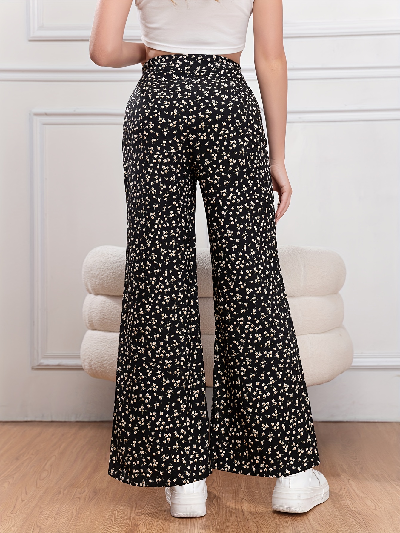 Pantalones Anchos Con Estampado Floral Completo, Pantalones Casuales De  Cintura Alta, Ropa De Mujer
