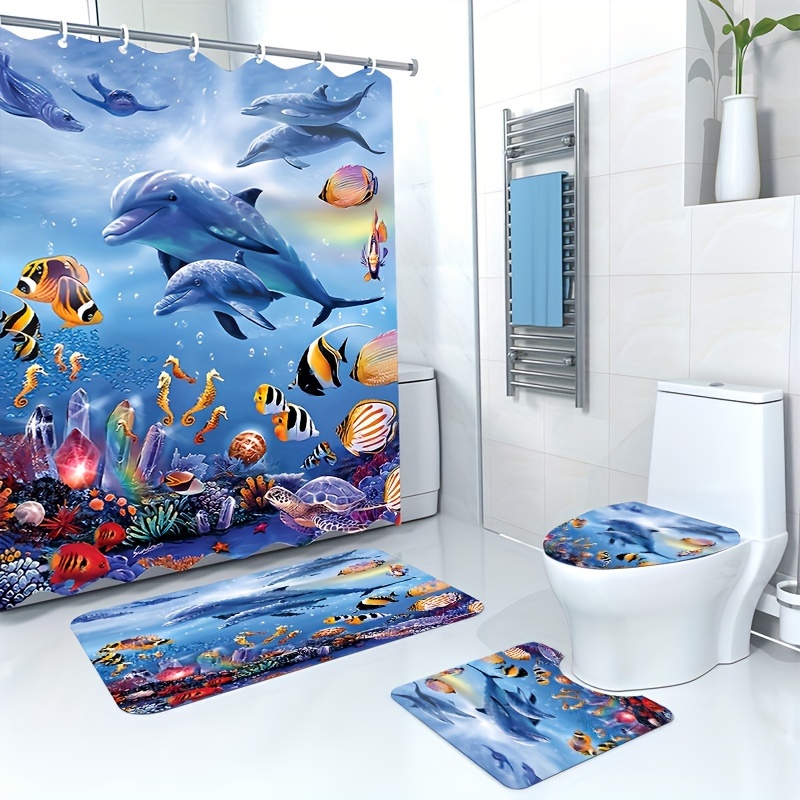 

1/4pcs Sea Life Pattern Shower Curtain Set, Waterproof Bath Curtain With 12 Hooks, U-shaped Mat, Toilet Cover Mat, L-shaped Mat, Bathroom Accessories, Bathroom Decor